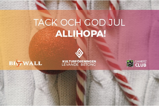 Christmas card: a red bauble and candy canes on white knitting, under a band in a pink-orange gradient with the text "Tack och god jul allihopa!" and the logos of Biowall, Kulturföreningen Levande Betong and Gamerz Club.