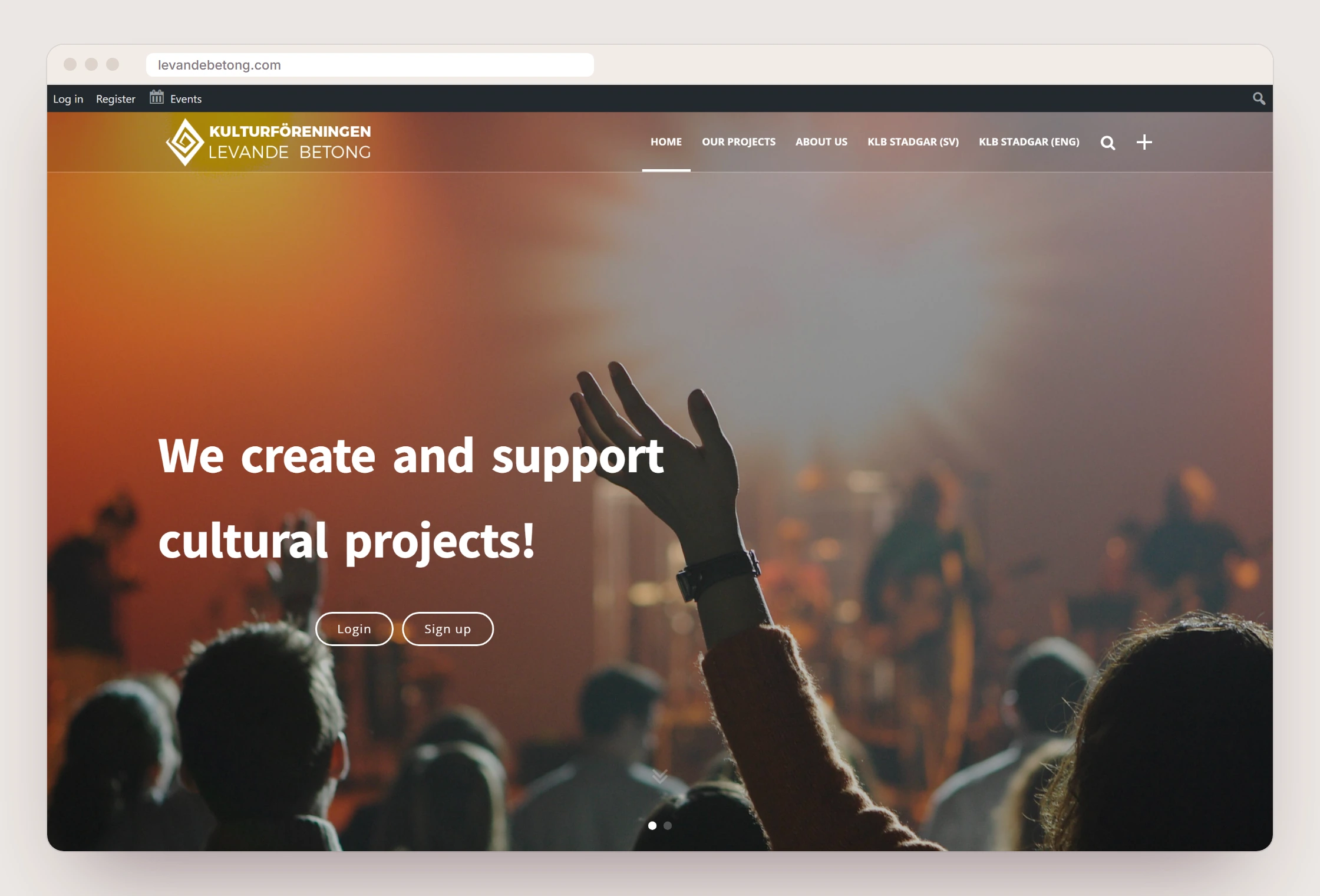 The launched home page in a browser window: a white logo in the menu, the same concert photo and headline, and the buttons Login and Sign up.