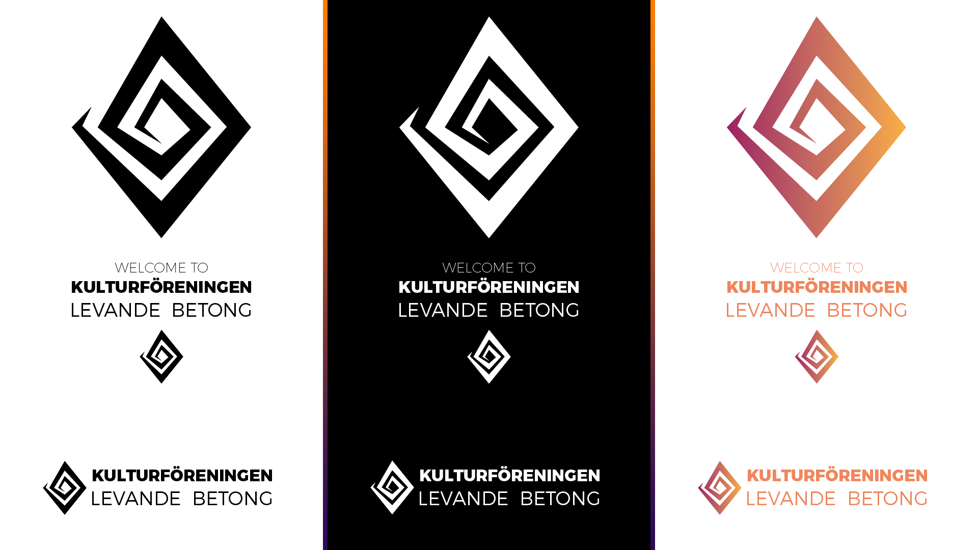 The association's logo in three versions side by side: black on white, white on black and in a pink-to-orange gradient, each as an icon, a "Welcome to" version and a horizontal logo.