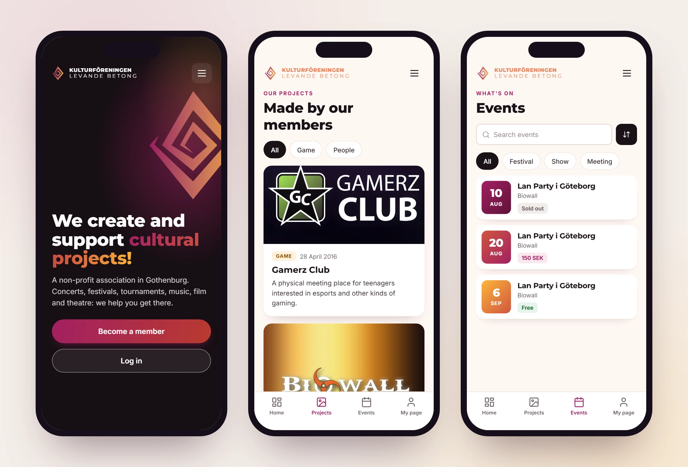 Three phone screens in the new design: a dark home page with the spiral diamond and large buttons, the projects page with Gamerz Club and Biowall, and the event list with dates in coloured tiles.