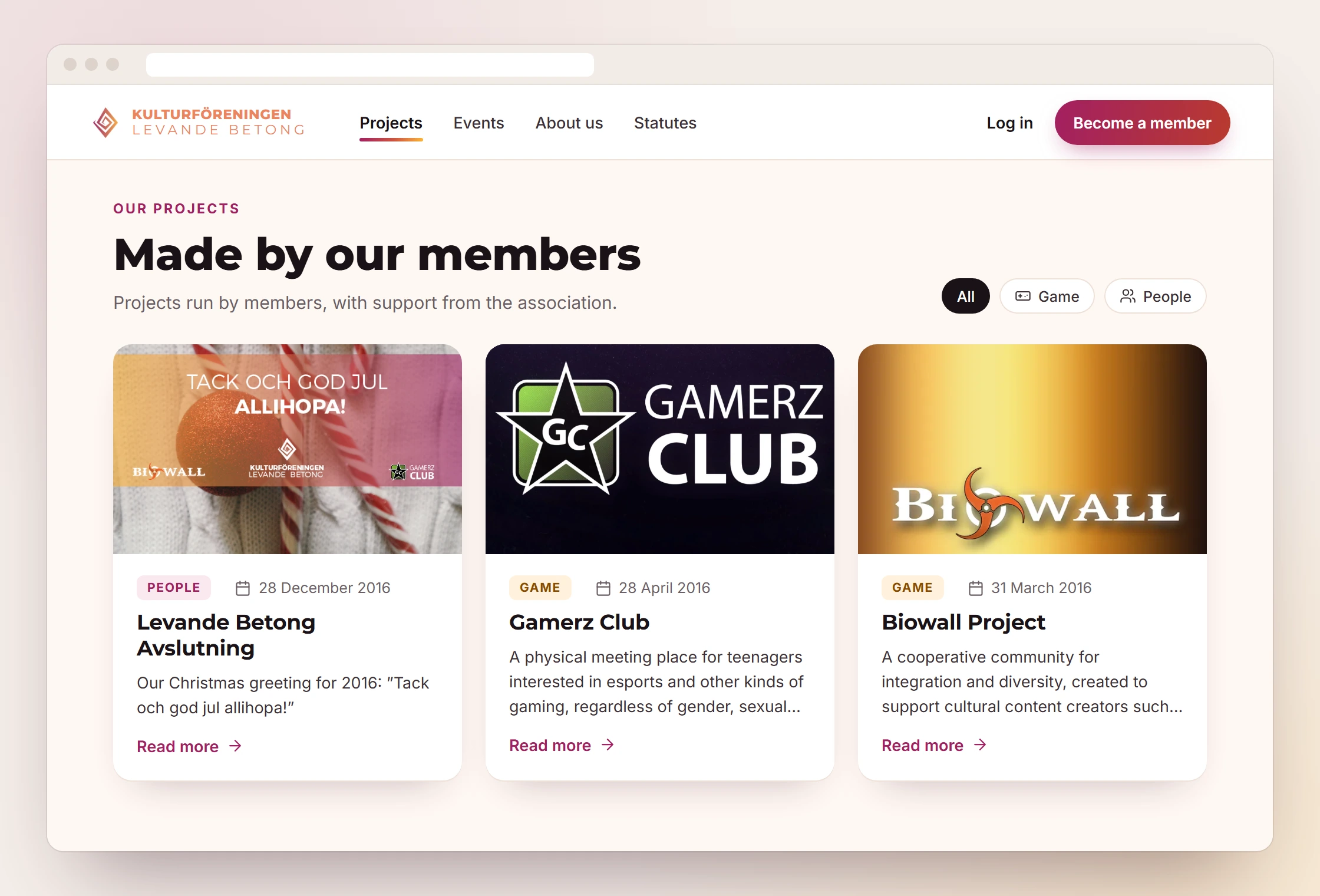 The new projects page headed "Made by our members", with the filters All, Game and People and three cards: the Christmas card for Levande Betong Avslutning, the Gamerz Club logo and the Biowall logo.