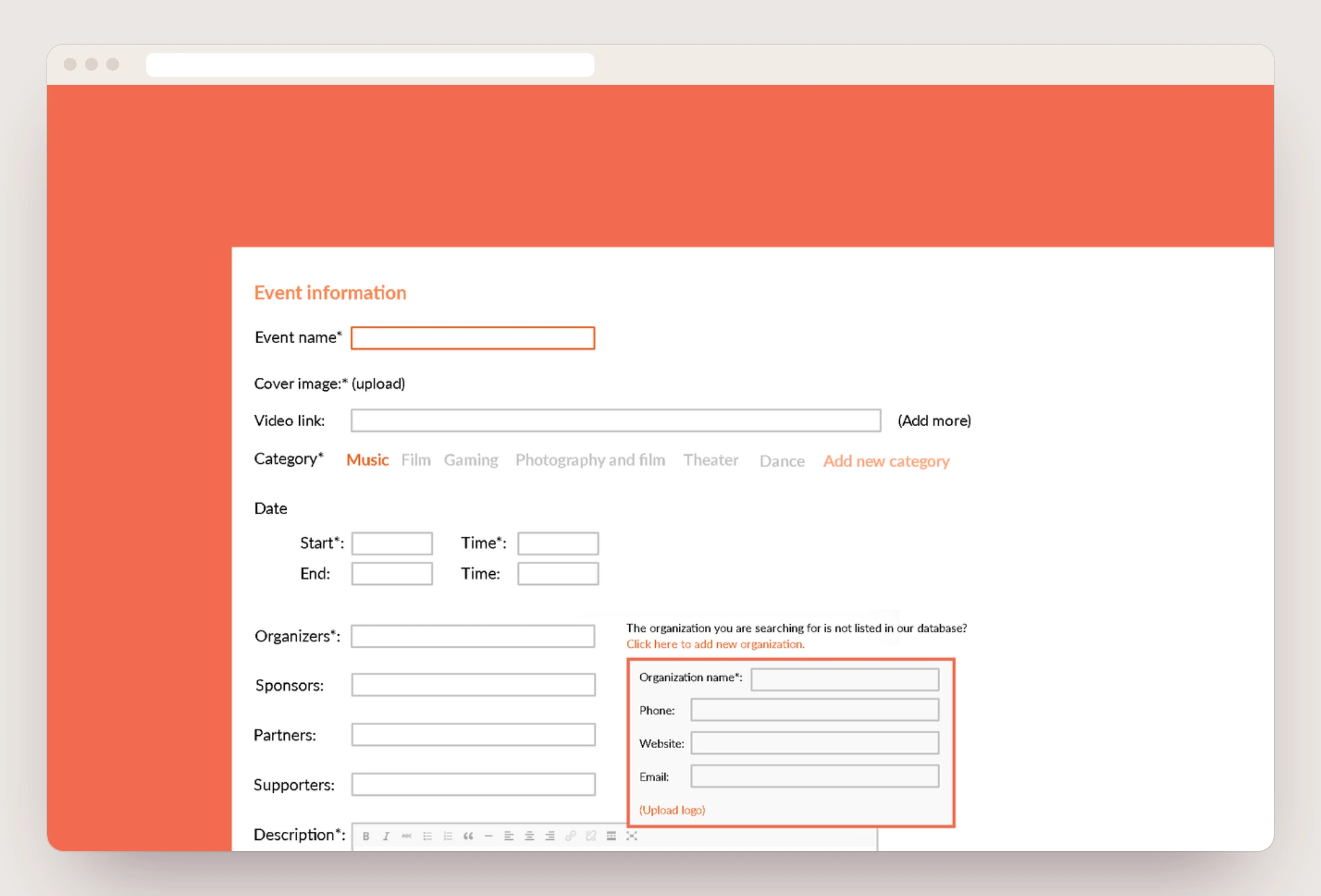 The top of the design sketch for the Event information form, with fields for name, cover image, video link, category, dates and organisers.
