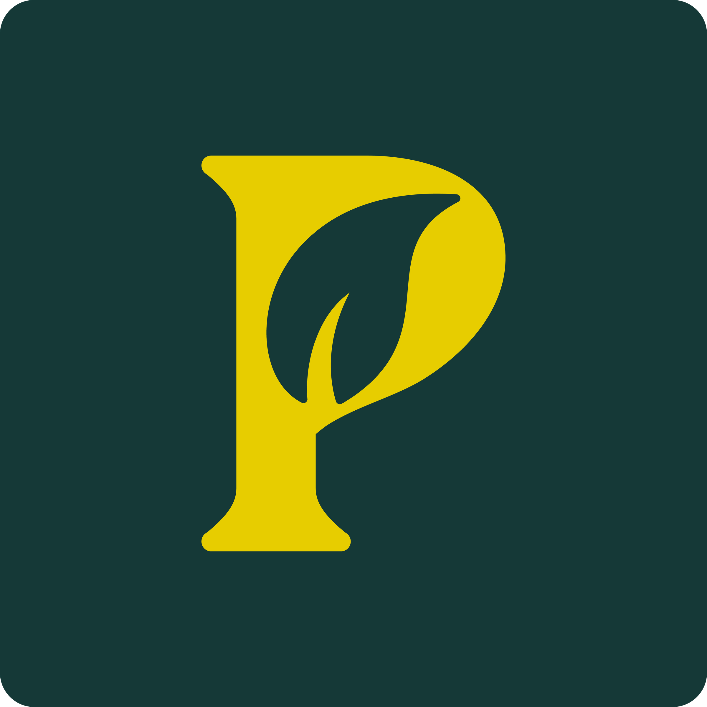 Powerplant's app icon: a yellow P with a leaf in it, on a dark green square with rounded corners.