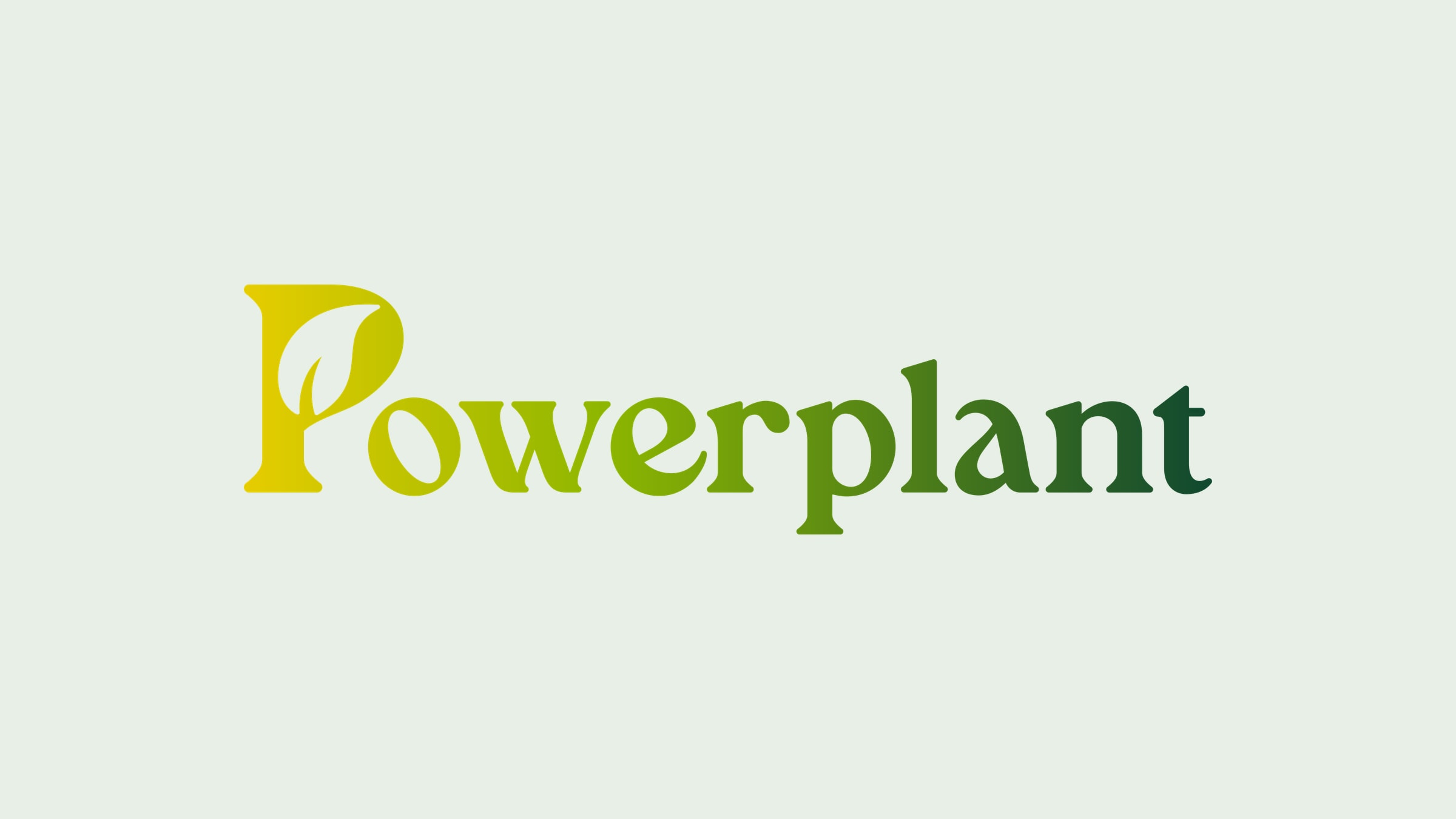Powerplant's colour logo on a pale green background. The wordmark runs from yellow to dark green, and the P has a leaf built into it.