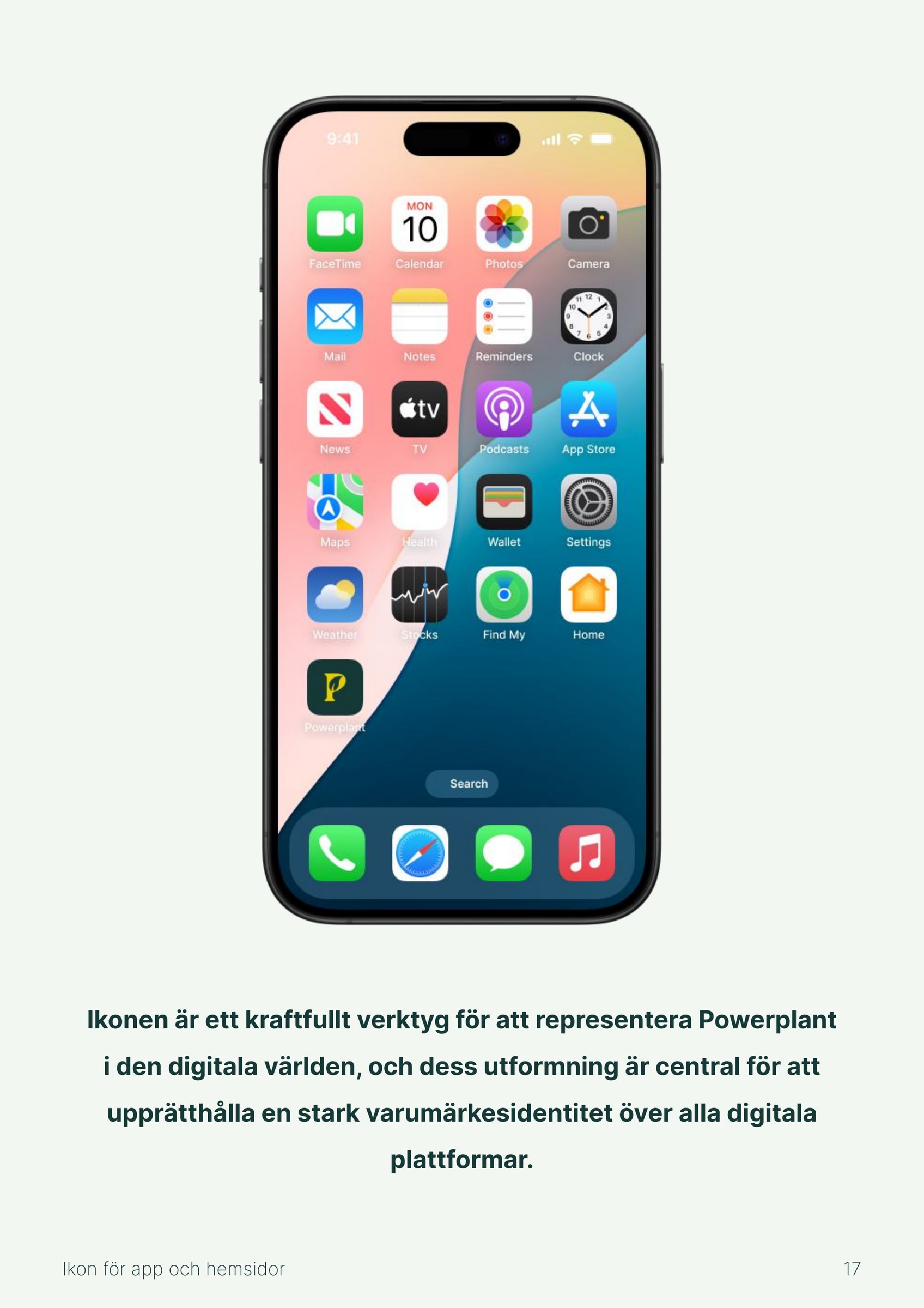 A mobile phone whose home screen shows Powerplant's icon among other apps.