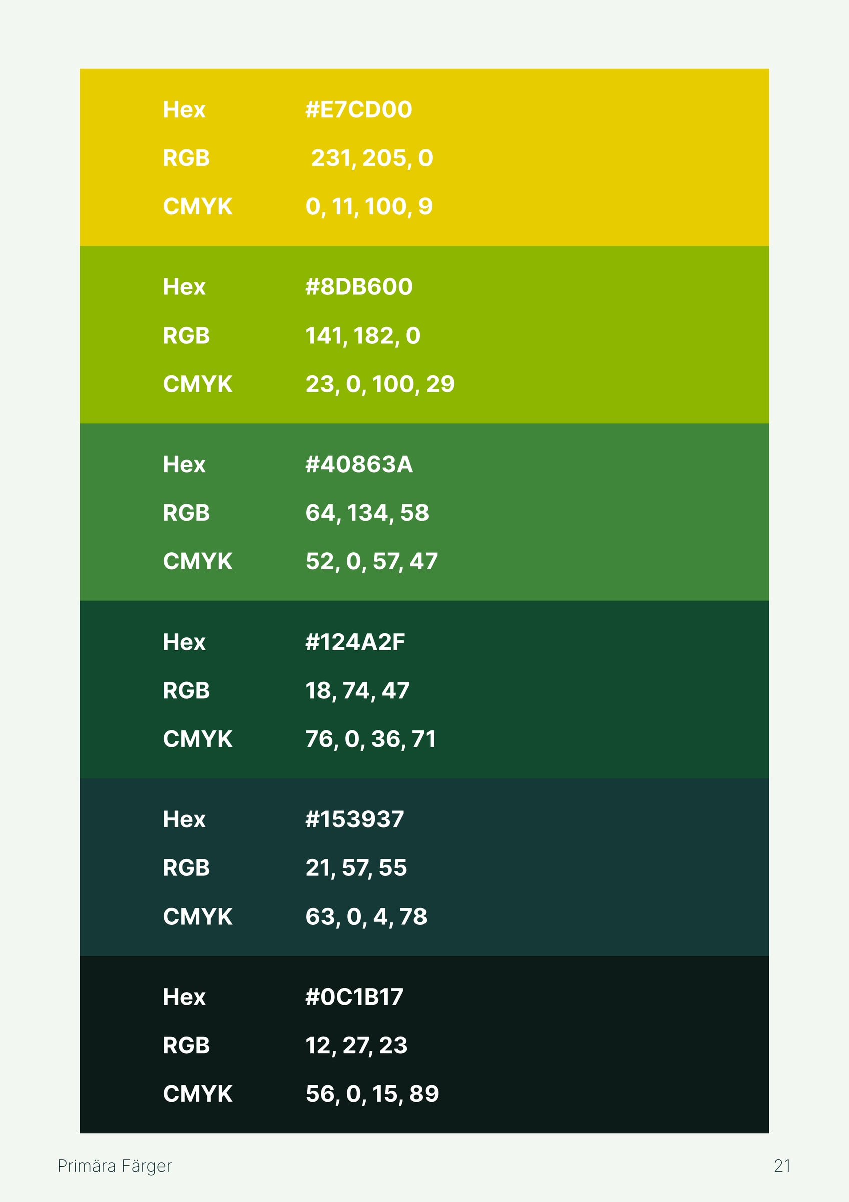 Manual page with the six primary colours as wide bands, from yellow at the top to almost black at the bottom, with colour codes.