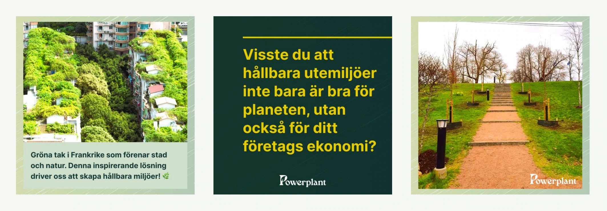 Three example Instagram posts: a photo of green roofs on tower blocks, a dark green square with yellow text about sustainable outdoor spaces, and a photo of a gravel path up a grassy slope. Powerplant's logo appears in the posts.