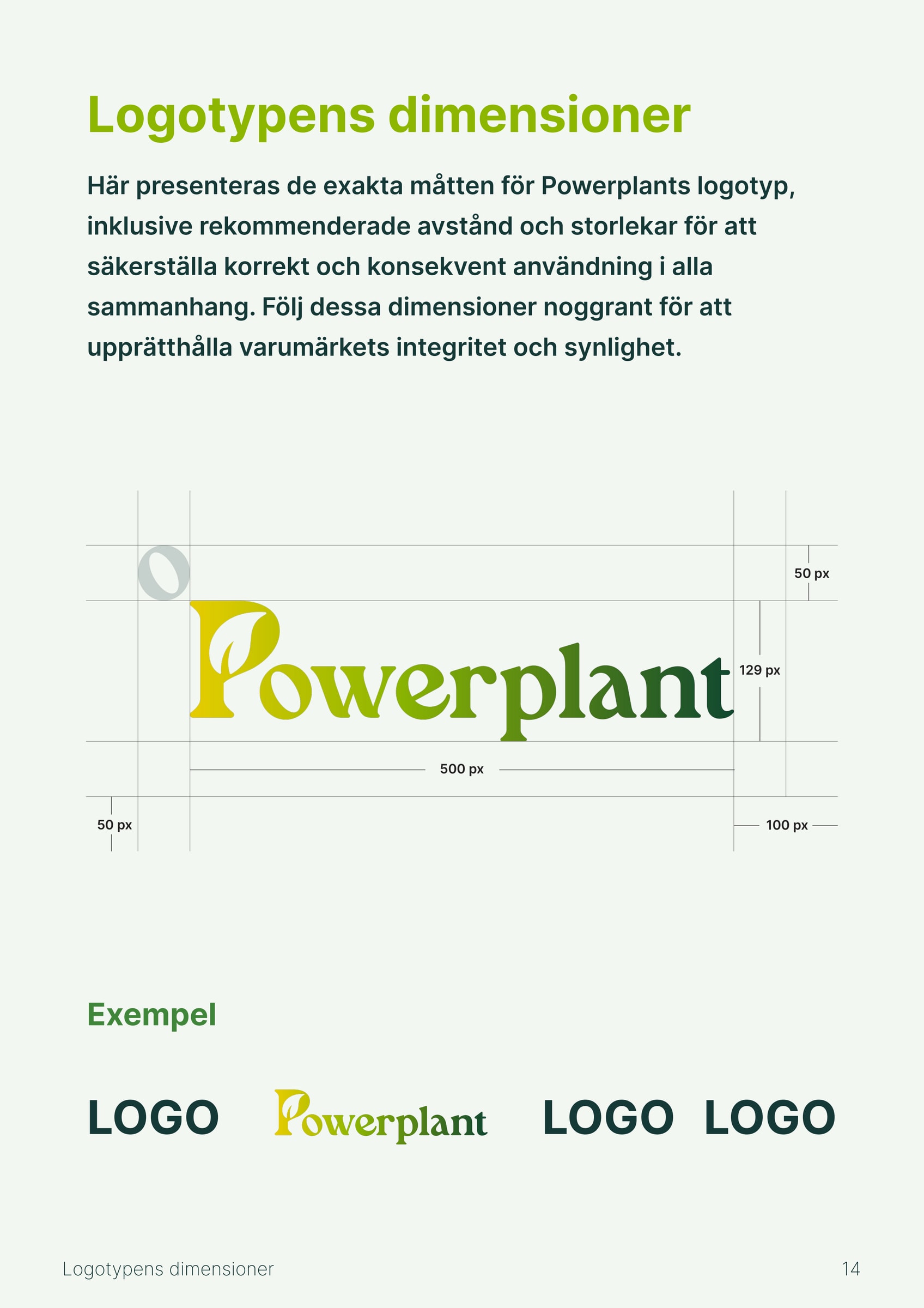 Manual page with the logo drawn in a grid, with measurements in pixels for width, height and clear space.