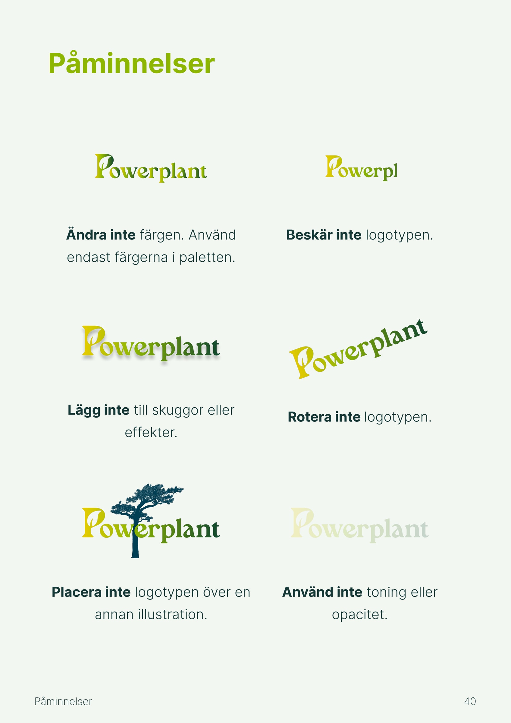 Manual page with six incorrect versions of the logo: recoloured, cropped, with a shadow, rotated, with a tree over it and faded.