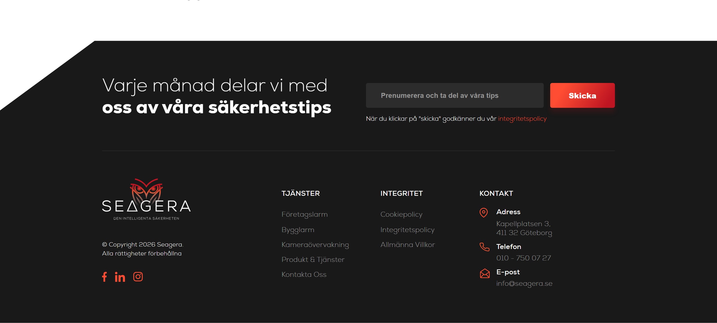 The footer of seagera.se: the owl logo in white and red on a dark background, a newsletter sign-up box, links to services and the company's contact details.