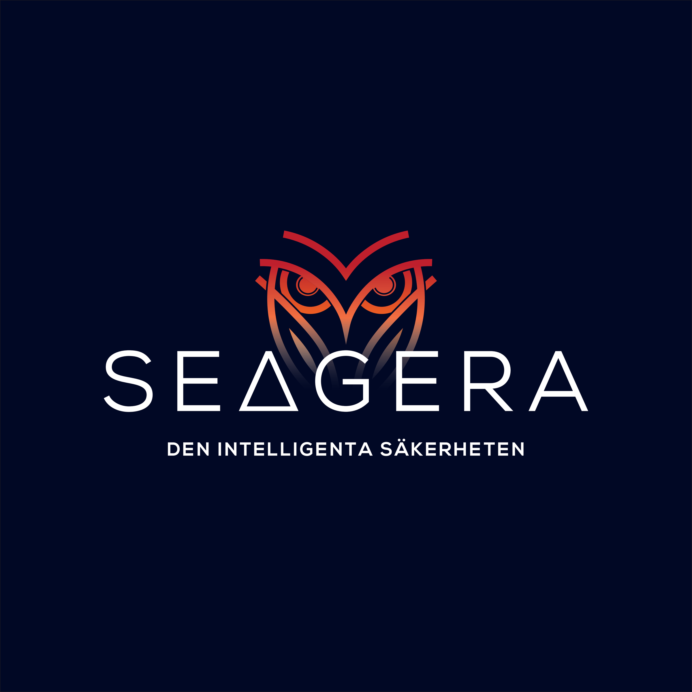 Seagera's logo on a dark navy background: a red and orange owl above the word SEAGERA in white and the tagline “Den intelligenta säkerheten”.