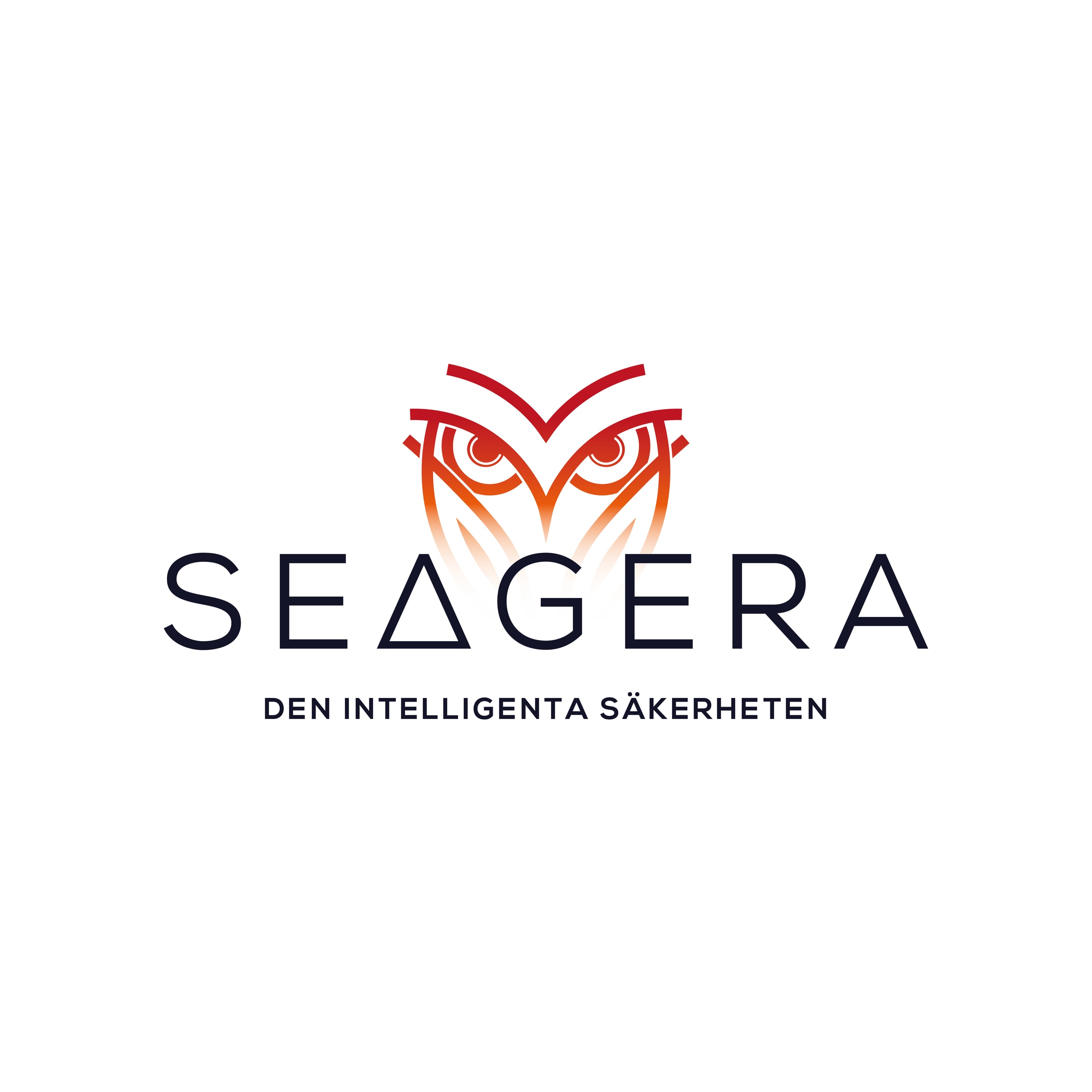 The logo with dark text on white: the owl in red and orange, SEAGERA and the tagline.