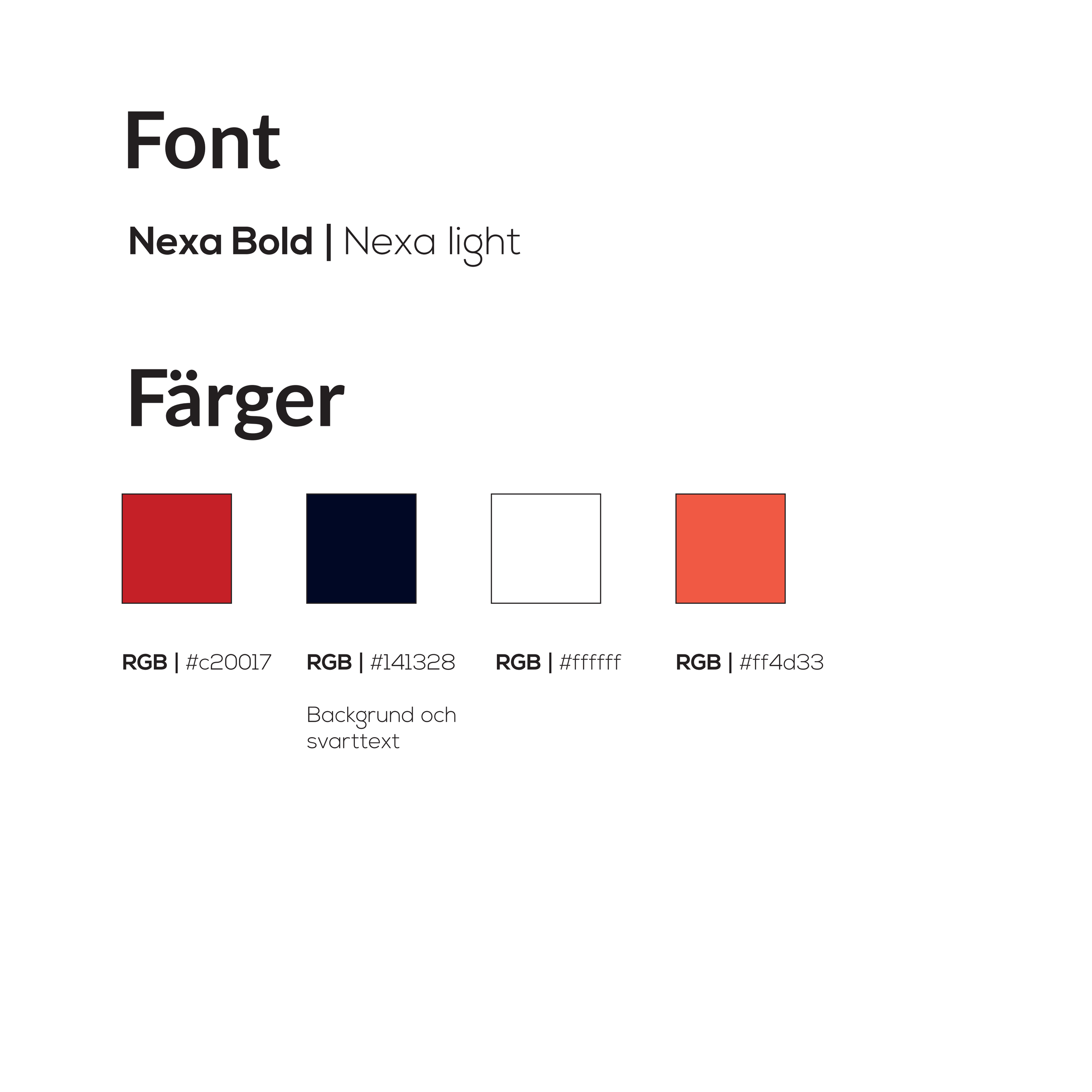The delivery sheet's page on type and colour: Nexa Bold and Nexa Light, and four colour swatches in red, navy, white and orange-red with their colour codes.