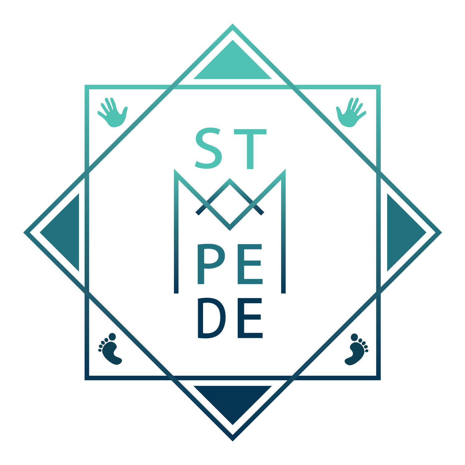 The Stampede logo in a blue gradient: a square and a diamond laid over each other, with stacked letters in the middle and small hands and feet in the corners.