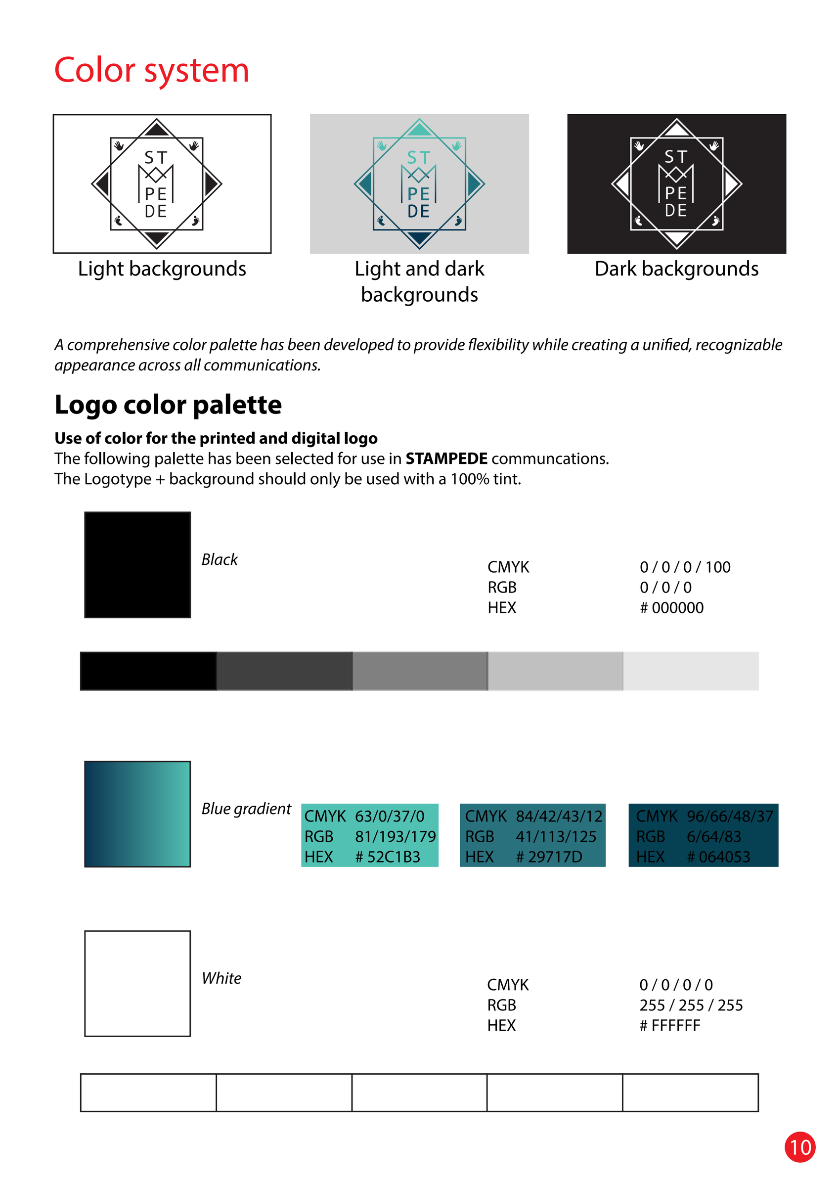 The manual's colour page: the logo on light, grey and black backgrounds, and below them colour swatches for black, a blue gradient and white, with colour codes.