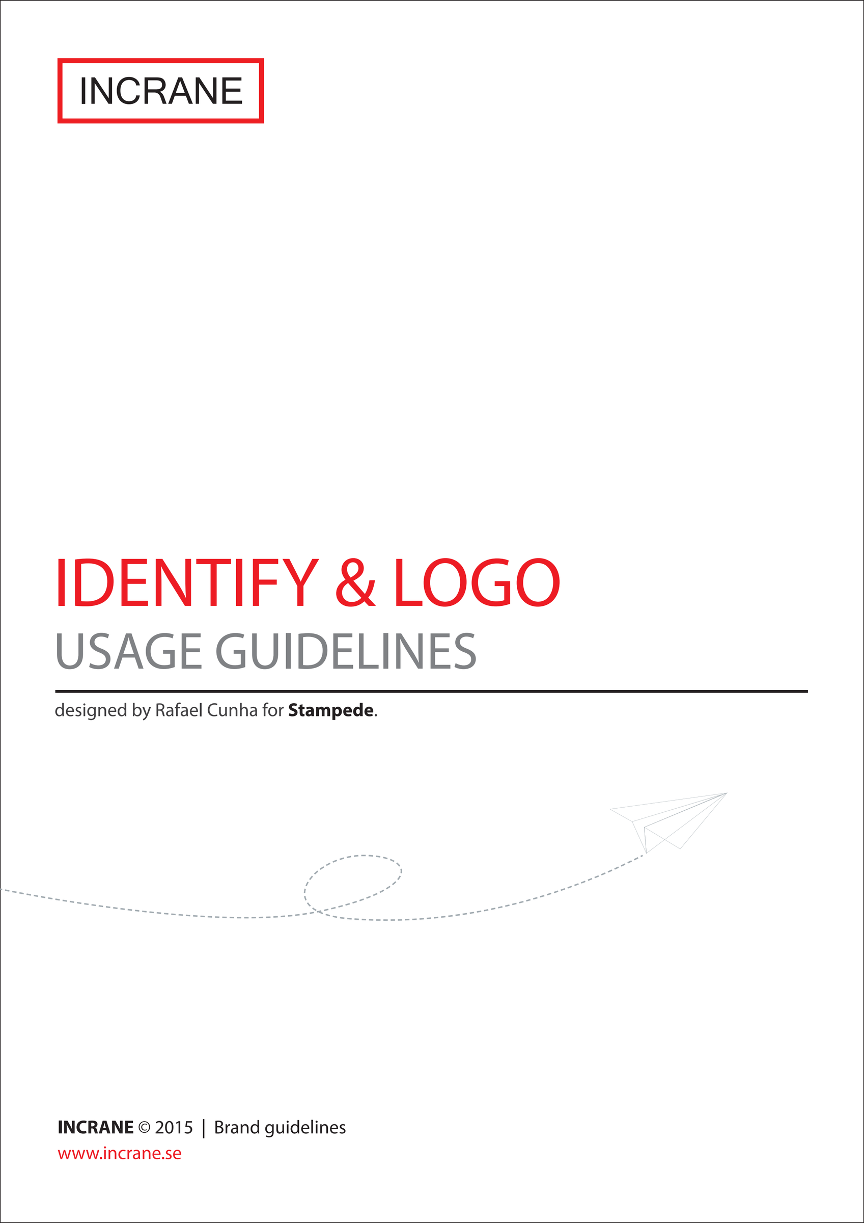 The manual's cover: the heading “Identify & Logo Usage Guidelines” in red and grey, the Incrane logo at the top and a paper plane drawing a dotted path.
