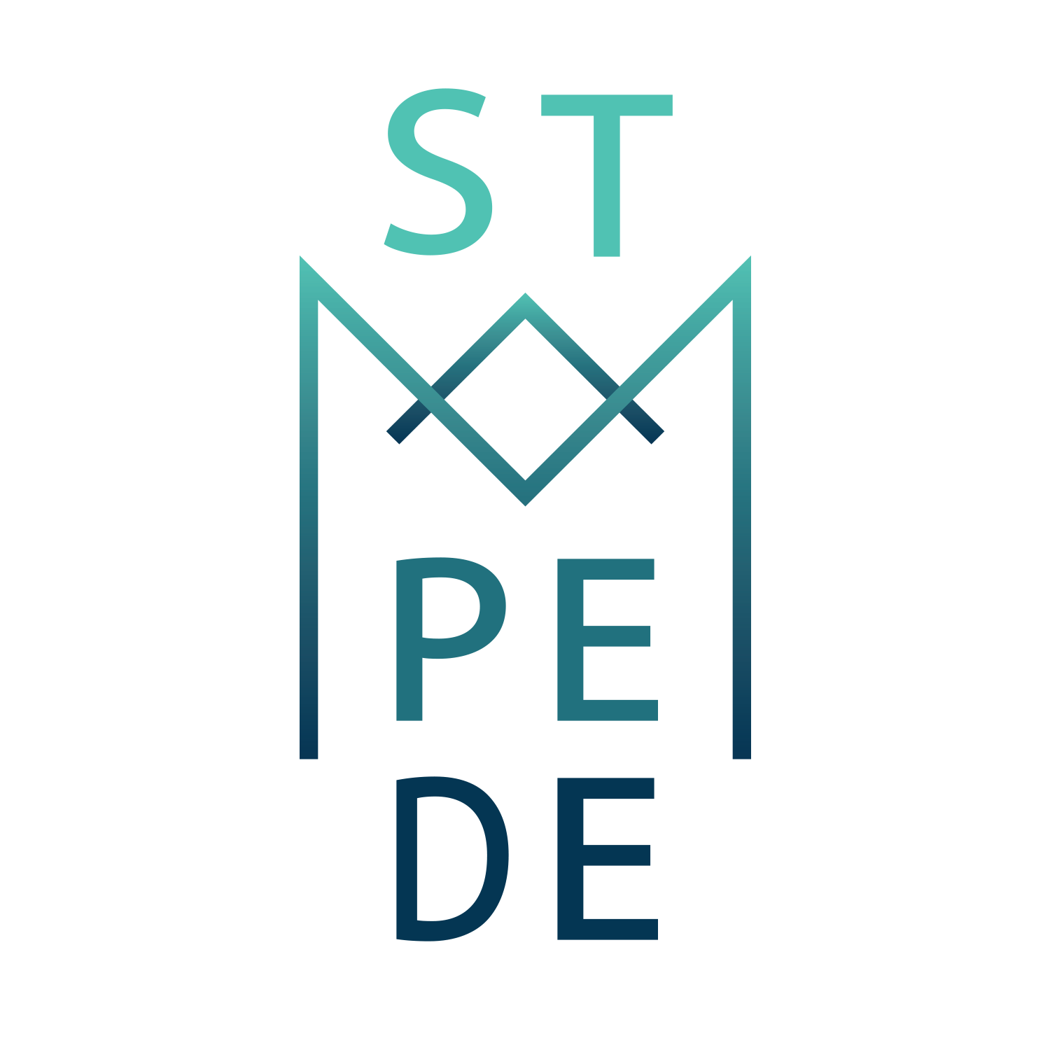 The Stampede lettering in a gradient from turquoise to dark blue: the letters ST at the top, an M shaped like a crown, and PE and DE below.