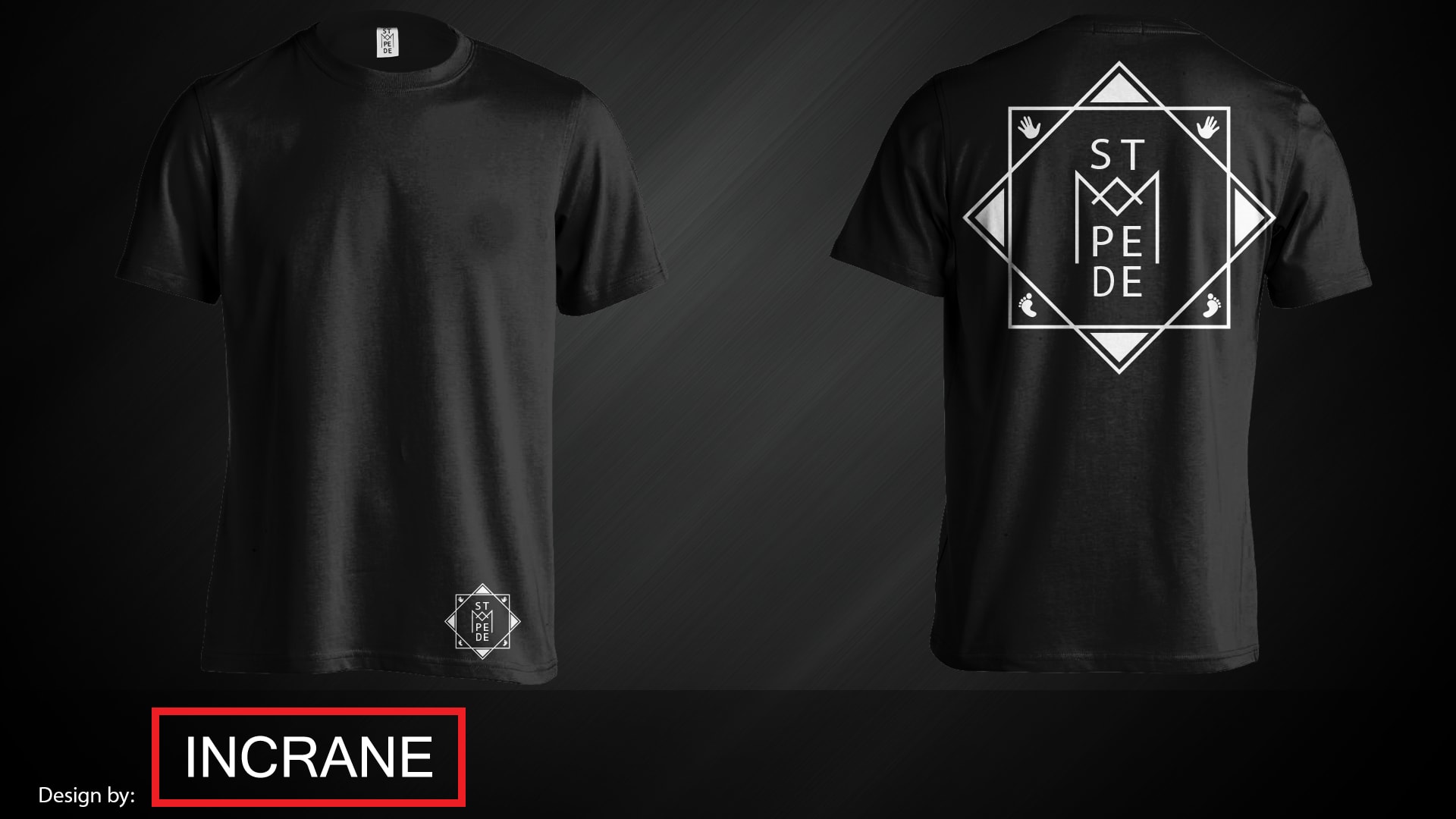 The same design on a black t-shirt, with the logo in white.